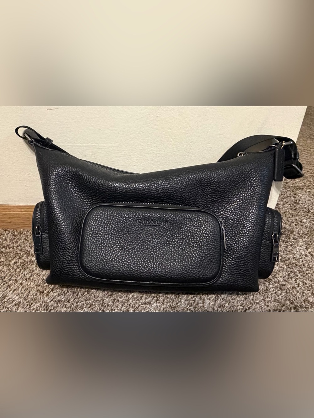 Coach Finn Black Pebbled Leather Crossbody Sling Bag